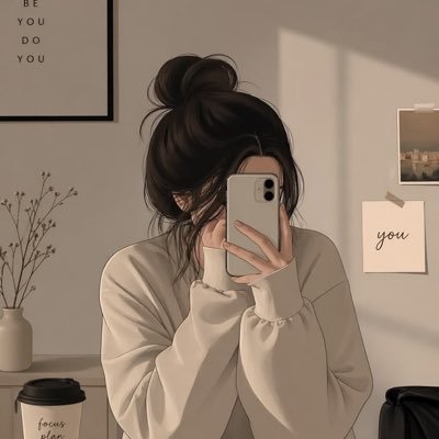 An illustrated image of a young woman with dark hair in a messy bun, wearing a cream-colored sweater, holding a phone up to her face while sitting next to a vase of dried flowers and a coffee cup labeled 'focus relax'.