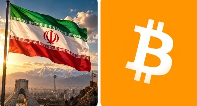 The image is split into two panels: the left shows the Iranian flag waving over a cityscape with mountains and the Milad Tower in the background, while the right displays the orange Bitcoin logo. Together, the visuals symbolize Iran's reported embrace of Bitcoin for cross-border trade and export payments, highlighting the country's growing integration of cryptocurrency as traditional finance faces challenges.