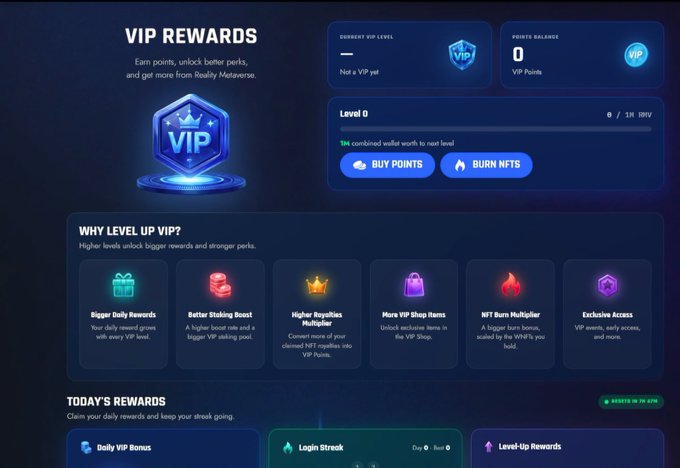 A dark-themed website interface for 'VIP REWARDS' showing a Level 0 status, 0 VIP Points balance, and perks like Bigger Daily Rewards, Better Staking Boost, and Higher Royalties Multiplier.