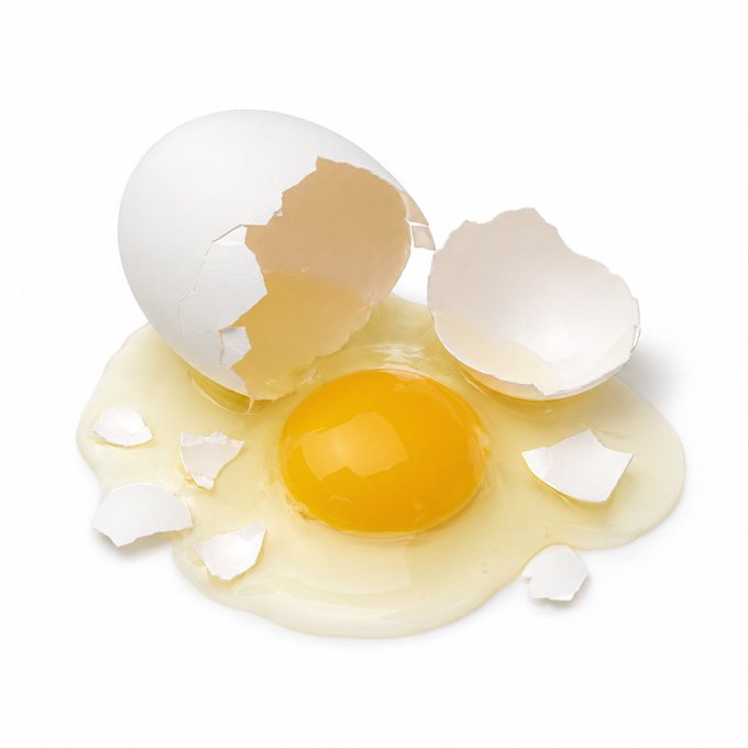 A raw egg cracked open on a white surface with a bright yellow yolk surrounded by clear egg white and broken shell fragments.