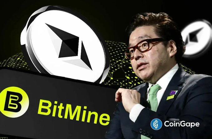 A news graphic featuring a man in a suit and glasses beside logos for 'BitMine' and Ethereum, watermarked with 'CoinGape'.