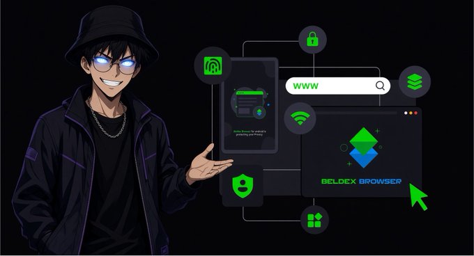 An anime-style character in a bucket hat and glasses presents a graphic for "BELDEX BROWSEP" featuring security icons, a browser, and search bar.