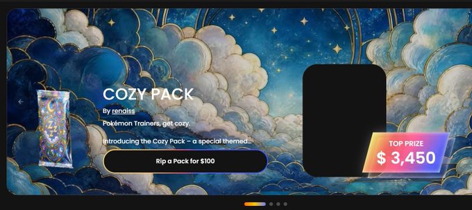 A promotional webpage banner for a 'Cozy Pack' by renatzz featuring a starry night sky with clouds, text reading 'Pokémon Trainers, get cozy. Introducing the Cozy Pack - a special themed... Rip a Pack for $100,' and a 'TOP PRIZE' tag showing '$3,450'.