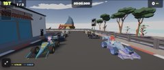 A screenshot of a video game featuring race cars lined up at a starting line.