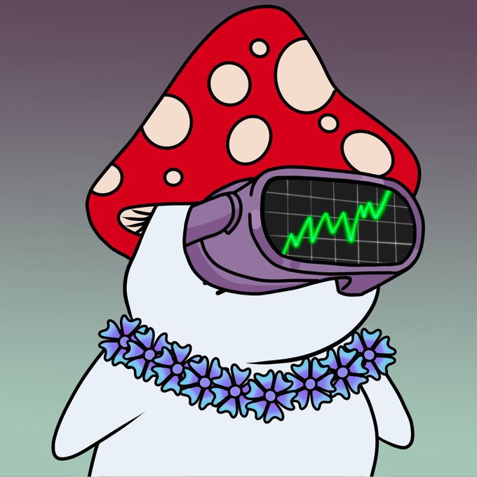 A cartoon illustration of a mushroom character with a red spotted cap wearing a purple VR headset displaying a green upward trending graph, adorned with a flower lei.