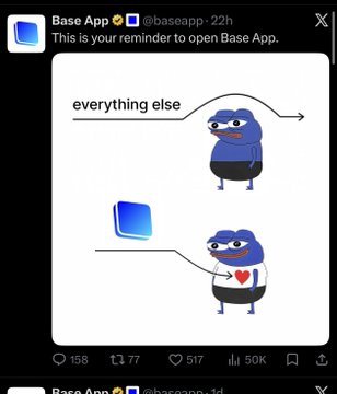 A Base App notification reads "This is your reminder to open Base App" alongside a meme depicting a blue character (labeled "everything else") ignoring a line while enthusiastically embracing the Base App logo with a heart. The image contrasts loyalty to Base versus other projects, tying into the post's criticism of BaseApp for allegedly orchestrating pumps and dumps of memecoins like $Basepepe and $Basejuice at the expense of the community.