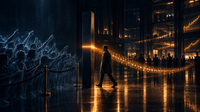 A digital artwork showing a man walking toward a glowing portal while a crowd of ethereal blue figures reaches toward him, with golden light trails and trading chart patterns visible on a building in the background.