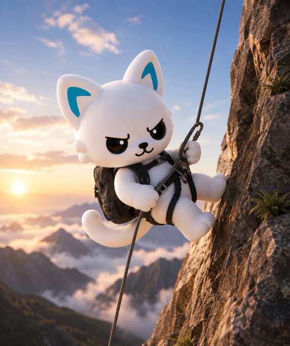 A 3D rendered illustration of a cute white cartoon cat with blue-accented ears, wearing a black climbing harness and rappelling down a rocky cliff face against a sunset sky.