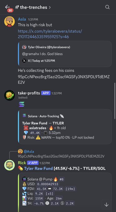 A Discord screenshot from the "the-trenches" channel shows users sharing a Solana token called "Tyler Raw Fund" (ticker TYLER), currently valued at 41.5K (-6.7%) with a market cap of 49.4K. The posts reference early investment opportunities before key opinion leaders (KOLs) discovered the coin, emphasizing it as a high-risk but potentially lucrative (10x) play.