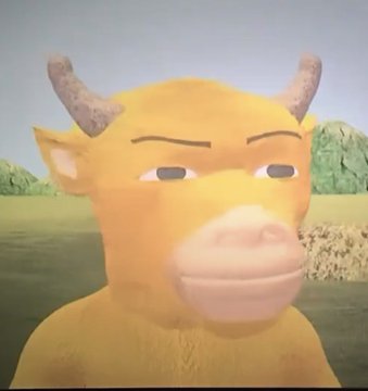 A 3D-rendered cartoon cow with a smug, side-eye expression and a slight smirk appears in a grassy field, humorously used as a meme to convey disbelief at someone's rapid financial gains on the "$hmm" token. The caption "Holy shit on a generational run right now …. All profits goto $hmm" pairs with the cow's sly expression to playfully suggest the poster is laughing all the way to the bank with their crypto profits.