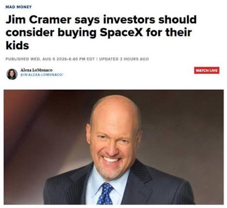 A news article screenshot from CNBC titled 'Jim Cramer says investors should consider buying SpaceX for their kids' by Alexa LoMonaco, featuring a headshot of a smiling bald man in a suit.