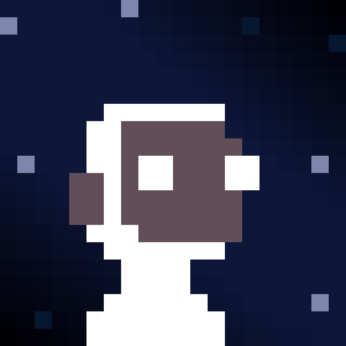A pixel art rendering depicts a simplified, blocky figure with a white head and dark purple features against a dark blue, tiled background with scattered lighter squares.