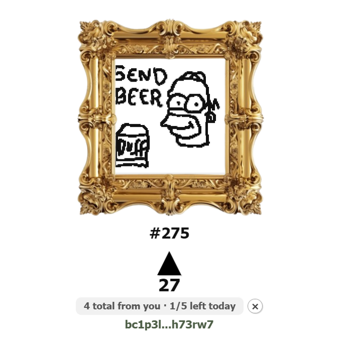 An ornate gold picture frame displays a crude pixel drawing of a man with glasses alongside the text 'SEND BEER' and a beer mug, labeled '#275' with an arrow pointing up to '27' and '4 total from you · 1/5 left today' with code 'bc1p3l...h73rw7'.