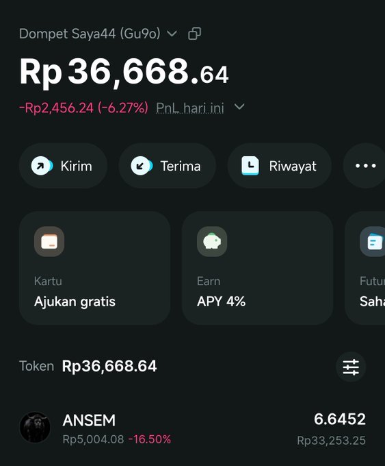 The image shows a crypto wallet interface displaying a balance of Rp 36,668.64 with a daily PnL of -Rp2,456.24 (-6.27%), and at the bottom highlights a holding of 6.6452 ANSEM tokens valued at Rp33,253.25, down 16.50% to Rp5,004.08. The screenshot illustrates the wallet referenced in the post, showcasing the ANSEM token holding that the user attributes to being earned through airdrop grinding rather than being an old used wallet.