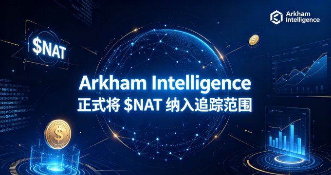 A futuristic digital graphic featuring the Arkham Intelligence logo displays the announcement "Arkham Intelligence 正式将 $NAT 纳入追踪范围" (Arkham Intelligence officially includes $NAT in its tracking scope), alongside "$NAT" and "$" coin symbols set against a network globe and data visualization background, visually reinforcing the news that the $NAT token has been added to Arkham's on-chain analytics platform.