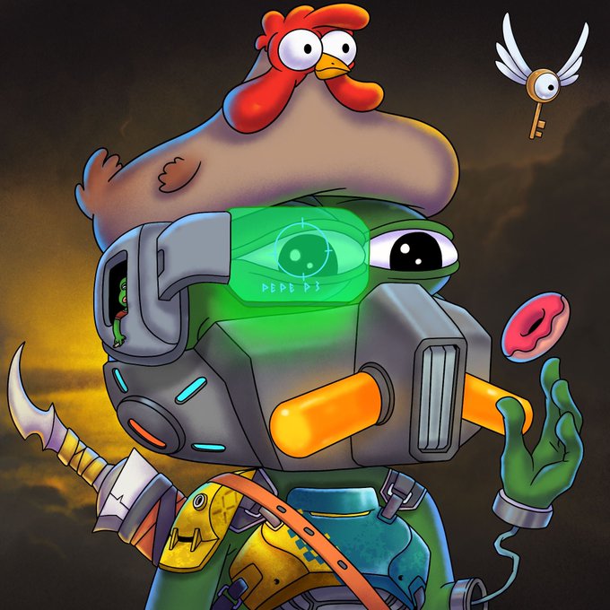 A digital illustration features a green-skinned character in futuristic gear wearing a chicken on its head, with a small winged key and a piece of meat floating nearby.