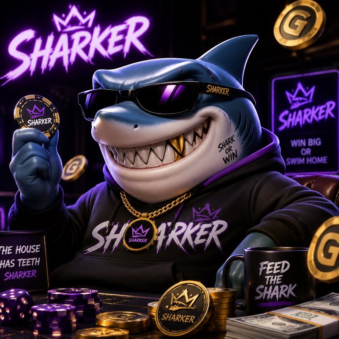 The image features a cartoon shark character wearing sunglasses, holding up a gold coin with its mouth open as if it's speaking or making a funny face. The background of the image shows stacks of money, which could be interpreted as a reference to the Sharker challenge posted on social media. The caption for the image reads: "SHARKER MASCOT CHALLENGE Create the funniest Sharker mascot meme, AI art, edit or video and win cash Rules: Follow us Post your Sharker mascots creation Tag #Sharker and #giveaway Comment Sharker.com + and your Usdc Erc wallet Funniest and".