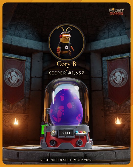 Pocket Dragons Keeper card #1,657 for Cory B, featuring a purple dragon egg labeled 'SPACE' inside a gacha machine, recorded 8 September 2026.