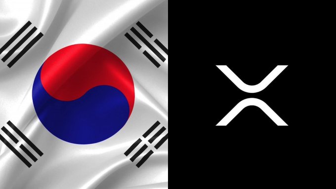 The South Korean flag is shown next to the XRP cryptocurrency logo on a black background.