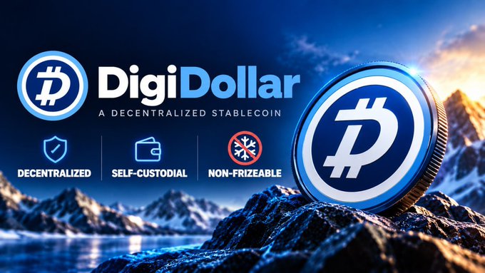 A promotional graphic for "DigiDollar, A DECENTRALIZED STABLECOIN," featuring a large metallic coin with its logo against a mountainous backdrop, highlighting features like decentralized, self-custodial, and non-frizeable.