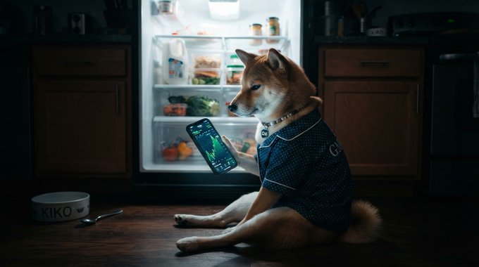 A Shiba Inu dog wearing a blue shirt sits on a kitchen floor, looking at a smartphone displaying a stock chart, with a 'KIKO' branded bowl nearby.