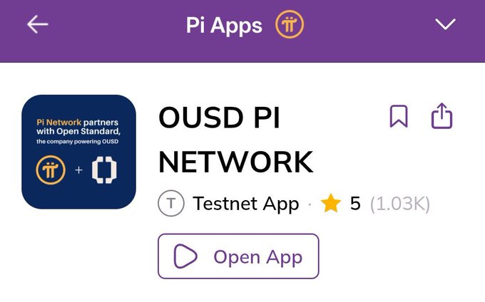 The image shows the Pi Apps listing page for "OUSD PI NETWORK," a Testnet App with a 5-star rating (1.03K reviews), featuring a dark blue icon with text noting "Pi Network partners with Open Standard, the company powering OUSD." This supports the post's celebration of OUSD building and testing a Dapp on the Pi Network, showcasing its official availability within the Pi ecosystem.