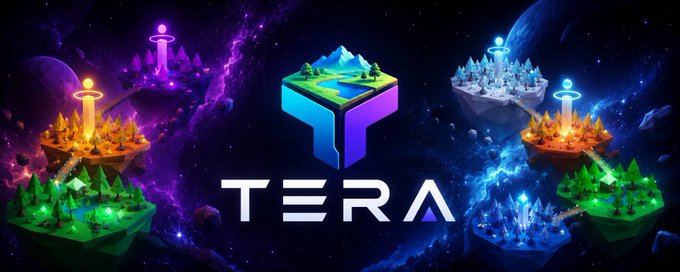 A promotional banner for "TERA" featuring a stylized 3D logo surrounded by floating islands with castles and colorful towers in a space/galaxy setting.