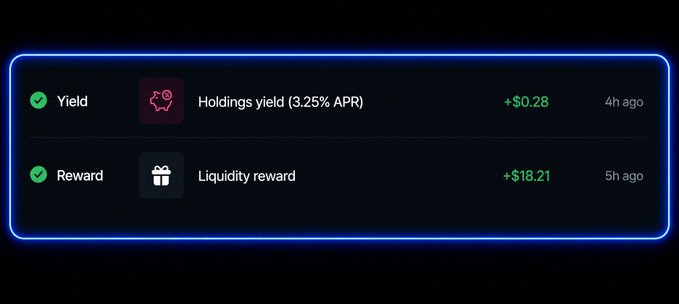 Cryptocurrency rewards notification showing 'Yield' of +$0.28 (Holdings yield 3.25% APR) from 4h ago and 'Reward' of +$18.21 (Liquidity reward) from 5h ago.