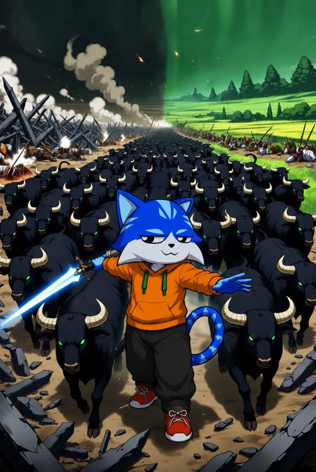 An anthropomorphic blue fox character wearing an orange hoodie holds a blue lightsaber, standing before a massive herd of black bulls with green eyes charging through a battlefield.