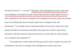 A legal/regulatory text discussing that recipients of an airdropped non-security crypto asset are not making an "investment of money" because they provide no money, goods, services, or consideration to the issuer in exchange.