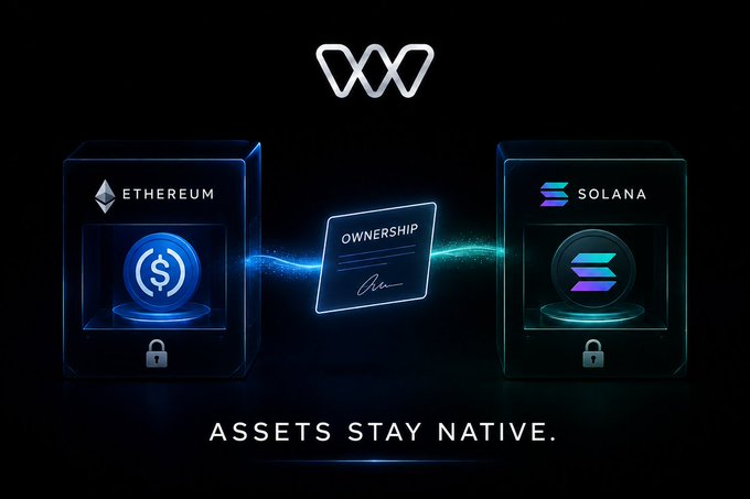 The image displays two transparent vaults labeled "ETHEREUM" and "SOLANA," containing their respective token logos, connected by an "OWNERSHIP" document in the center, with the tagline "ASSETS STAY NATIVE" beneath and the WireNetwork logo above. It visually reinforces the post's message that WireNetwork enables cross-chain swaps without moving assets between networks, keeping USDC native to Ethereum and SOL native to Solana.