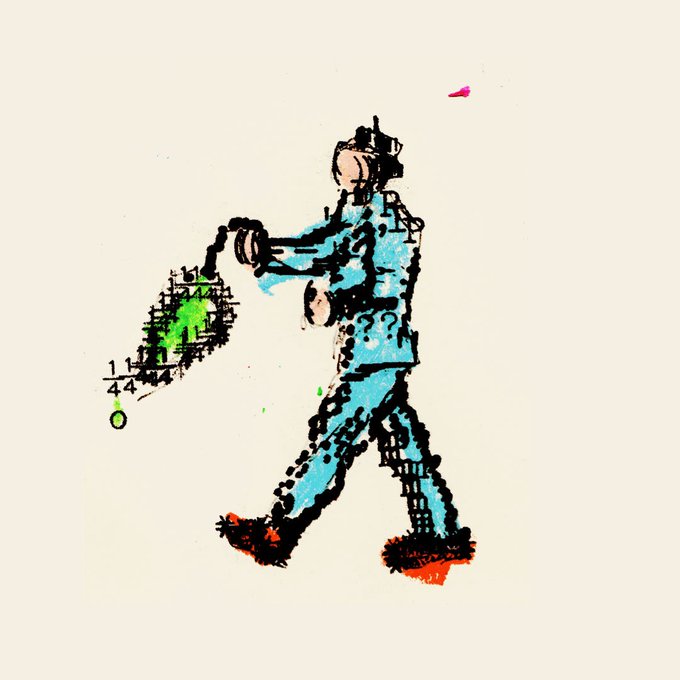 A stylized illustration of a baseball batter in blue swinging at a ball, rendered in an abstract, sketch-like artistic style with pink and green accents.