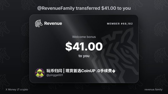 A digital notification from @RevenueFamily showing a $41.00 welcome bonus transfer. Text reads '玩币归同 | 现货首选CoinUP .0手续费' with username '@yingge001' and 'revenue.family' watermark.