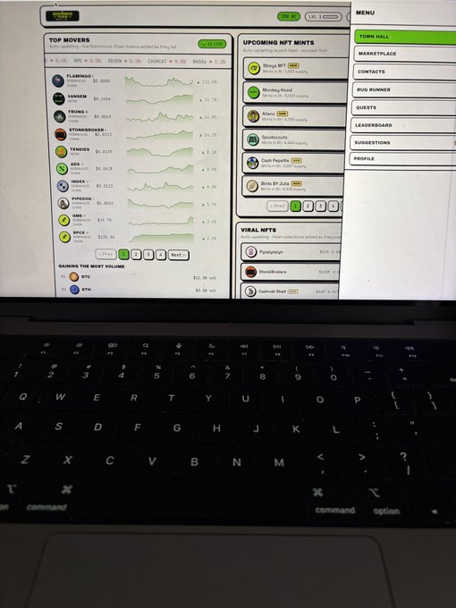 A laptop displaying the Tensor market analytics platform, showing 'TOP MOVERS' including FLAMINGO, SANEX, FRENS, STONEBROKERS, TENDIES, ABX, MMSS, PPEDOG, GME, and SPQR, alongside 'UPCOMING NFT MINTS' like 'Orcly NFT', 'Monkey Hood', 'Klara', 'Spooktoons', and 'Josh Fajardo'.