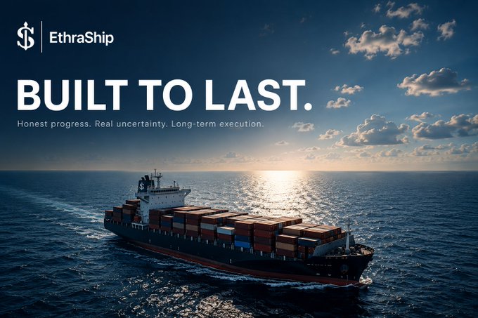 A promotional banner for 'EthraShip' featuring the slogan 'BUILT TO LAST. Honest progress. Real uncertainty. Long-term execution.' displayed over an image of a cargo ship sailing on the ocean at sunset.