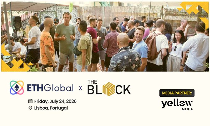 A promotional banner for an 'ETHGlobal x THE BLOCK' event on Friday, July 24, 2026 in Lisboa, Portugal, featuring 'YELLOW MEDIA' as the media partner, with a photo of a crowd at an outdoor gathering.
