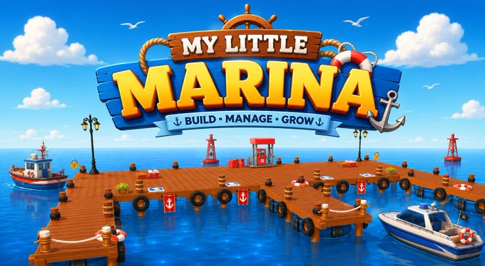 A colorful title screen for the game 'MY LITTLE MARINA' with the tagline 'BUILD • MANAGE • GROW,' showing a cartoon dock with boats, life preservers, and lighthouses.