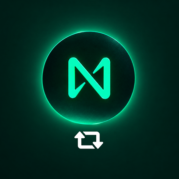The image features a glowing neon green circular logo with a stylized "N" symbol, representing the NEAR Protocol cryptocurrency, accompanied by a swap/exchange icon below it. This visually reinforces the post's question about choosing between $NEAR and $SUI, highlighting NEAR as one of the two tokens being considered for a potential 10x return.