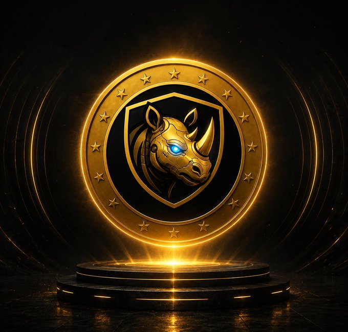 A glowing gold emblem on a black pedestal displaying a robotic rhino head with a blue eye inside a shield, surrounded by stars.