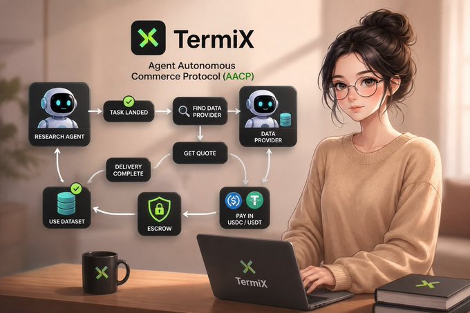 A digital illustration shows a woman working on a laptop branded with the "TermiX" logo, accompanied by a flowchart depicting an "Agent Autonomous Commerce Protocol (AACP)" with steps like Task Landed, Find Data Provider, Get Quote, and Pay in USDC/USDT.