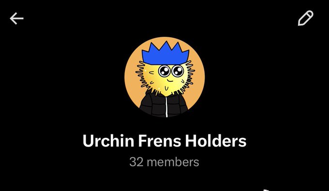 A profile screen for a group called "Urchin Frens Holders" with 32 members, featuring a cartoon avatar of a yellow character with blue spiky hair and a fur collar.