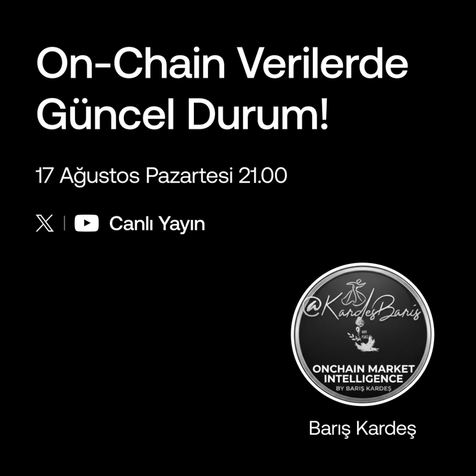 A black promotional graphic in Turkish reading 'On-Chain Verilerde Güncel Durum!' with the date '17 Ağustos Pazartesi 21:00', social media and YouTube live broadcast icons, and the 'KardeşBarış ONCHAIN MARKET INTELLIGENCE' logo.