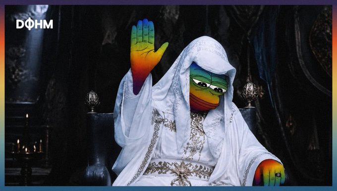 The image features the "DOHM" logo in the top left corner, with a figure dressed in ornate white robes seated on a dark throne, their hand and face replaced with a rainbow-colored "Pepe" frog meme holding a raised hand. The juxtaposition of the regal, almost divine imagery with the meme character and the caption about yield farming visually reinforces the post's joke about DOHM disrupting other projects with its financial strength.