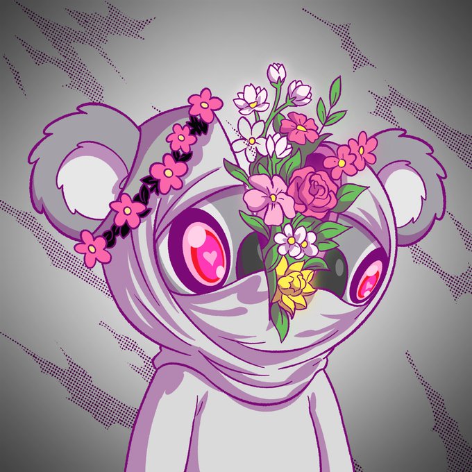 This is a digital illustration of a character with flowers adorning its head, likely representing a prize or artwork for the giveaway announced by @KludzNFT.