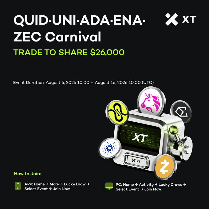 A promotional graphic for the "QUID·UNI·ADA·ENA·ZEC Carnival" on XT exchange, offering a $26,000 prize pool trade event running August 6-16, 2026, featuring a slot machine design with various cryptocurrency coin icons.