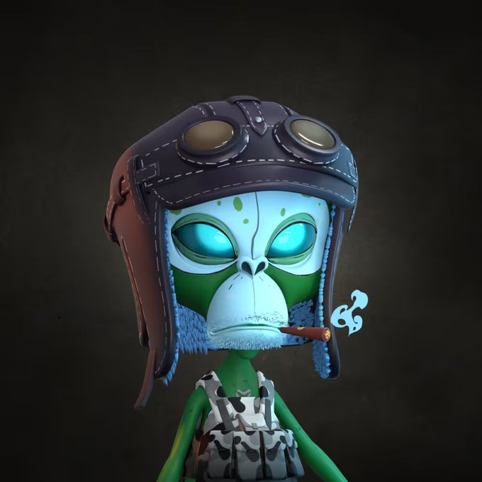 A 3D-rendered cartoon character with green skin, glowing blue eyes, a stitched mouth, and a cigarette in its mouth, wearing a leather aviator cap with goggles and a fur-lined collar, set against a dark background.