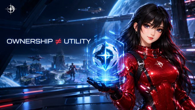 An anime-style digital illustration depicts a dark-haired woman in a red futuristic outfit holding a glowing blue hologram, with the text 'OWNERSHIP ≠ UTILITY' displayed against a sci-fi cityscape.