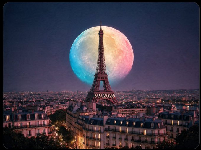 A massive, colorful moon rises behind the Eiffel Tower over a glowing Paris skyline, with the date "9.9.2026" overlaid near the tower's base—visually anchoring the post's hint that a pivotal moment for @world_xyz is set to begin on September 9, 2026.
