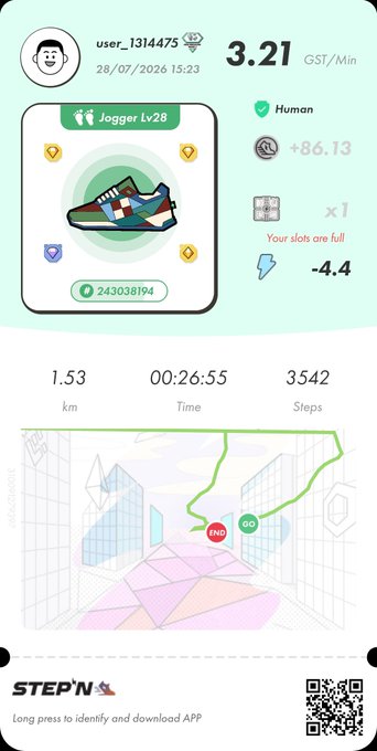 A STEP'N app screenshot displaying a walking activity recorded by user_1314475 with a Jogger Lv28 sneaker, showing 1.53 km covered in 00:26:55 with 3,542 steps and 3.21 GST/Min earnings. The caption aligns with the post, which humorously mentions an evening walk interrupted by sudden heavy rain while using the STEP'N move-to-earn app.