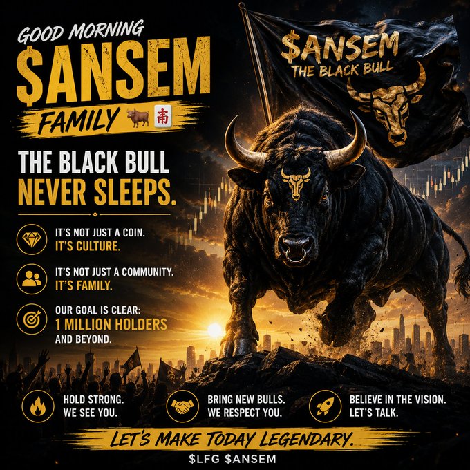 A promotional crypto poster for $ANSEM 'The Black Bull' featuring a charging black bull and text including 'GOOD MORNING SANSEM FAMILY', 'THE BLACK BULL NEVER SLEEPS', and '1 MILLION HOLDERS AND BEYOND'.
